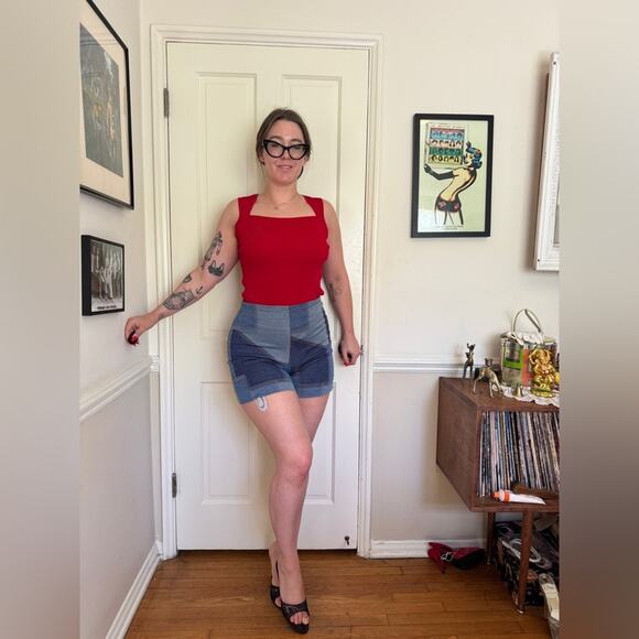 Pants - 70s Vintage Faux Denim High Waisted Patchwork shorts